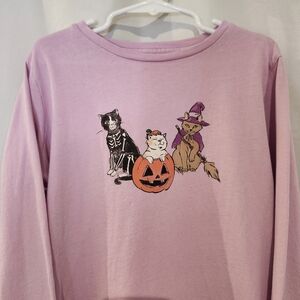 Crewcuts Girls Halloween T-Shirt Size L (10-11) Purple Cats Pumpkin Long Sleeves